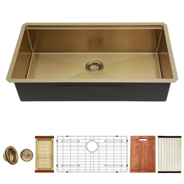 33 in. Gold Undermount Workstation Sink Single Bowl 16 Gauge Stainless Steel Kitchen Sink with Nano Coating