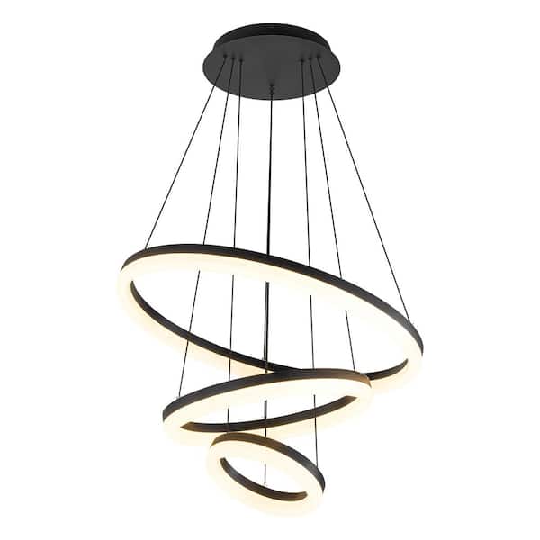 RRTYO Lynde 23.6 in. 3-Light Integrated LED Black 3 Tiered Ring Unique Modern Chandelier Ceiling Light for Living/Dining Room