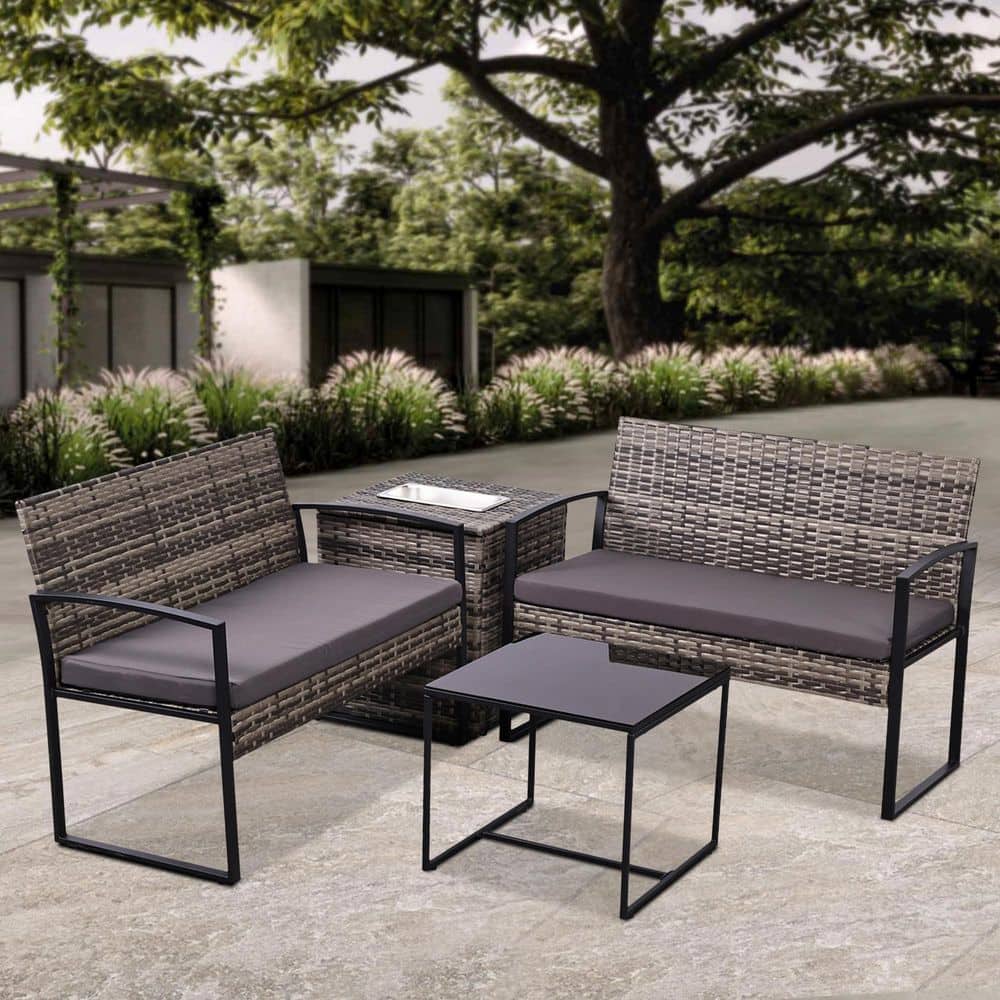 Gray 4-Piece Wicker Patio Conversation Set Outdoor Sofa Sectional Set with Gray Cushions and Ice Bucket Storage Table price history on PriceWatchPro