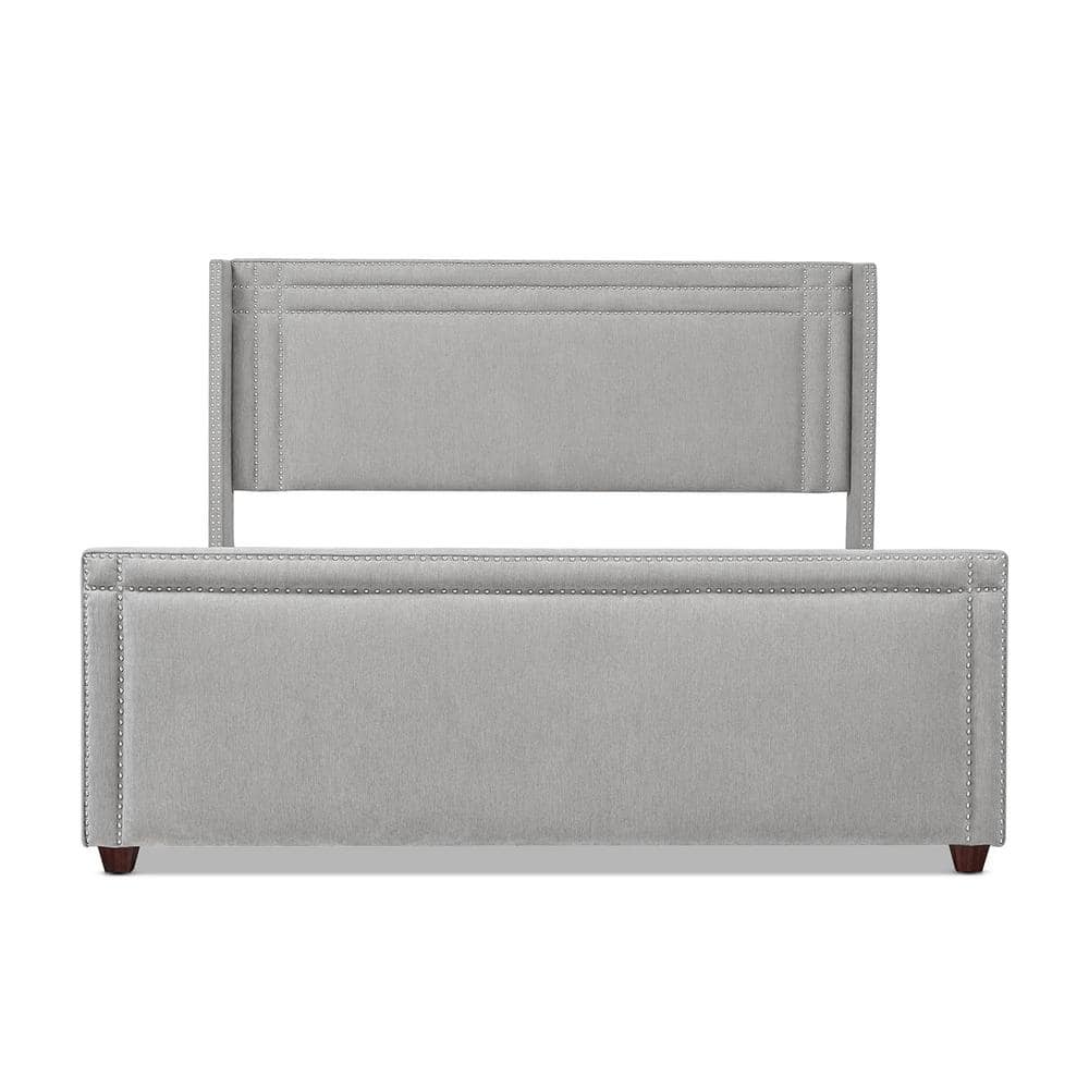 Elegant Silver Grey King Wingback Bed with Nailhead Trim and Pine Frame