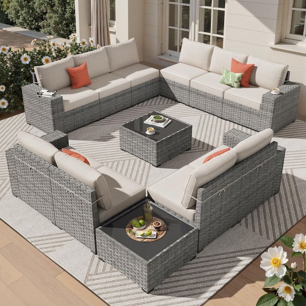 Lanora Gray 12-Piece PE Rattan Wicker Outdoor Patio Sectional Sofa Set with Beige Cushion and Coffee Table