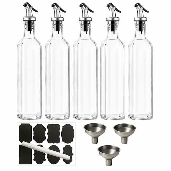 Clear Glass Olive Oil Dispenser Bottle Set, 17 oz. 6-Pack with Pourer, Funnel, Labels and Pen