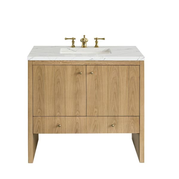 James Martin Vanities Hudson 36.0 in. W x 23.5 in. D x 34.2 in. H Bathroom Vanity in Light Oak with Ethereal Noctis Quartz Top