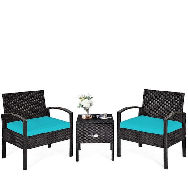 Unbranded 3-Piece Wicker Patio Conversation Set with Turquoise Cushions