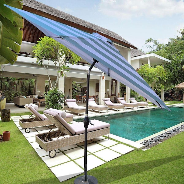 Otryad 9 ft. Steel Hexagon Patio Market Umbrella Outdoor Table Umbrella with Push Button Tilt and Crank in Ice Blue Stripe