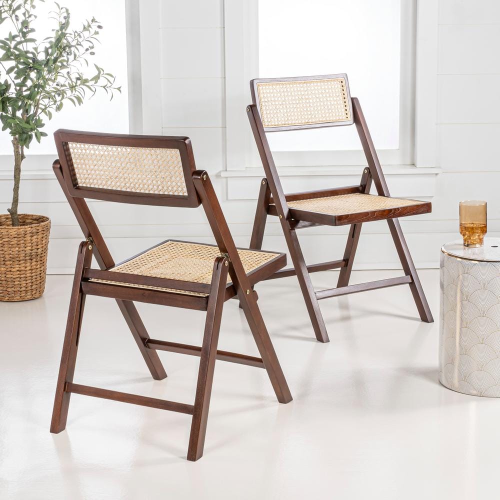 Theo Dark Brown Wood and Rattan Folding Chairs, Set of 2