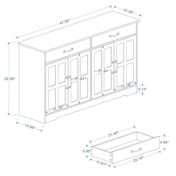 FUNKOL 47.95inx15.35inx32.09in MDF Ready to Assemble Kitchen Cabinet in White with 2 Drawers and 4 Field Cabinet Doors