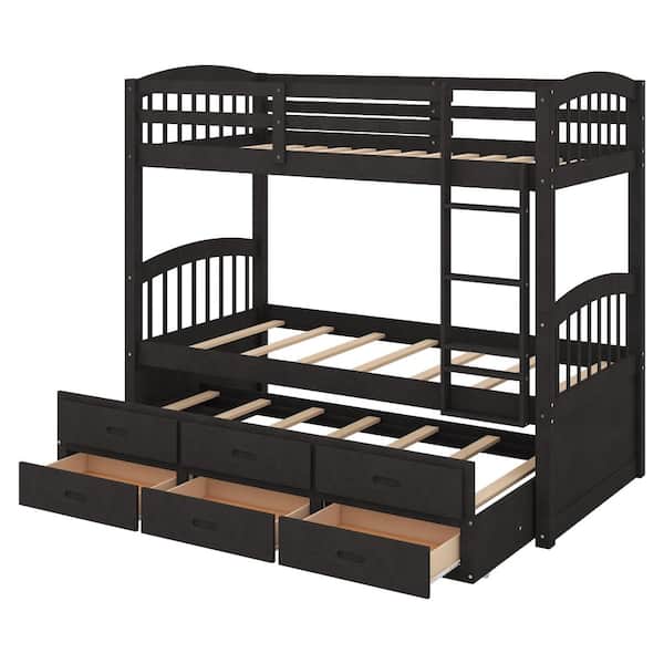 Nestfair Espresso Wood Twin over Twin Bunk Bed with Trundle and Drawers ...