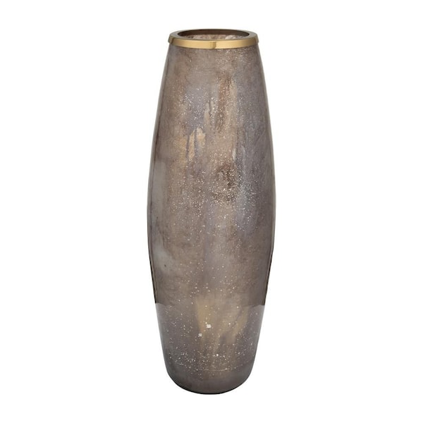 24 in. Gold Glass Cylinder Decorative Vase with Metal Ring