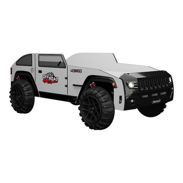 Alamo Black and White Twin Jeep Design Bed with LED Headlights