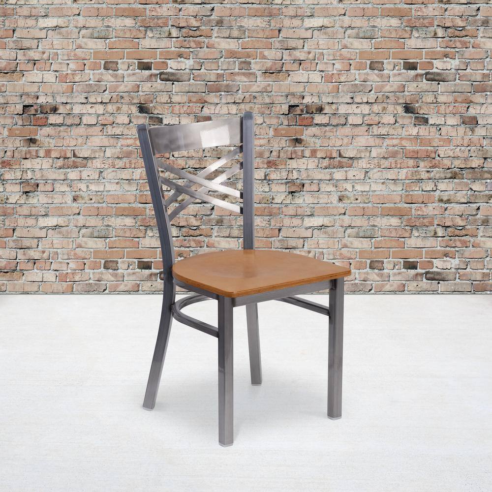 Black and Silver Cross Back Metal Side Chair with Wood Seat