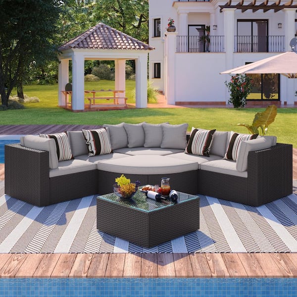 Unbranded 7-Pieces Brown Wicker Outdoor Sectional Set with Glass Table and Gray Cushions