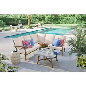 Beachside Rope Look Wicker Outdoor Patio Sectional Sofa Seating Set with CushionGuard Almond Tan Cushions