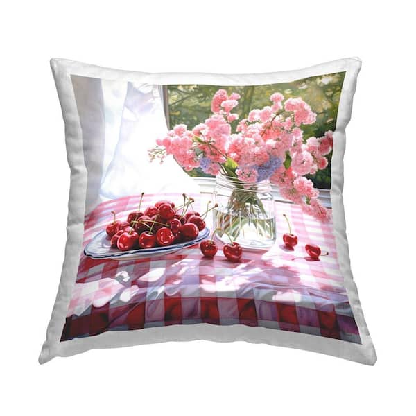 Cherry Blossoms and Cherries Pink Plaid Polyester 18 in. x 18 in. Throw Pillow