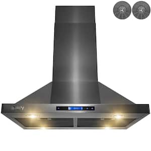 30 in. 343 CFM Convertible Island Mount Range Hood with Lights and Touch Control in Black Stainless Steel Carbon Filters