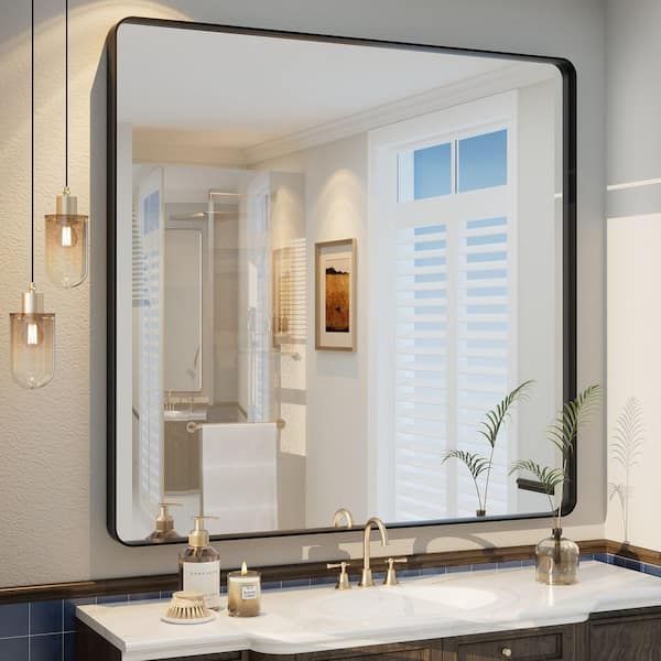 40 in. W x 38 in. H Rectangular Aluminum Alloy Framed and Tempered Glass Wall Bathroom Vanity Mirror in Matte Black