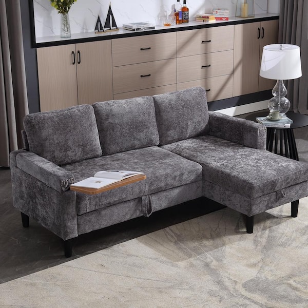 HOMEFUN 73 in. Modern Gray Chenille Pull Out Sleeper Sectional Sofa Bed with Side Hidden Table and Storage Chaise