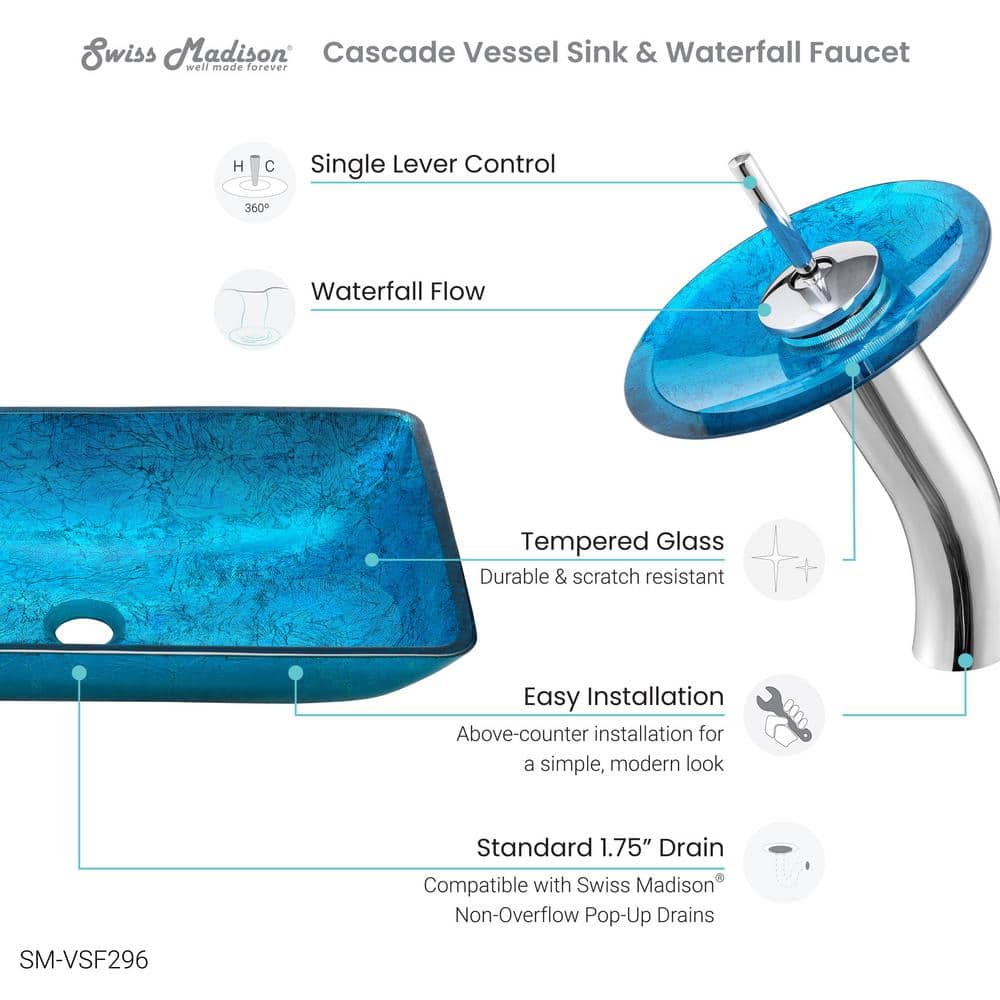 Cascade Ocean Blue Rectangular Glass Vessel Sink with Faucet