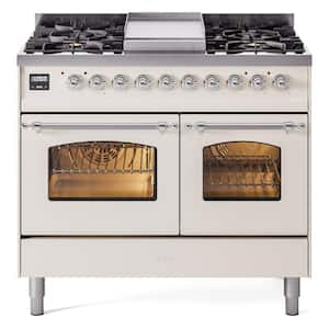 Nostalgie II 40 in. 6-Burner plus Griddle  Double Oven Liquid Propane Dual Fuel Range in Antique White with Chrome