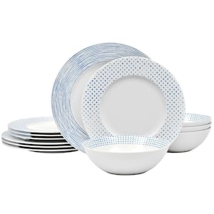Blue Hammock Rim Porcelain 12-Piece Dinnerware Set, Service for 4