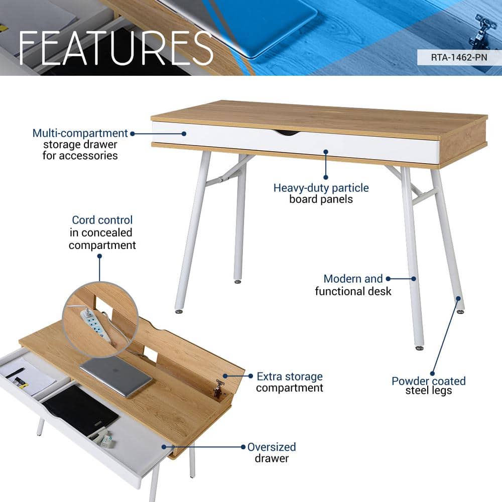 Pine and White Mid-Century Modern Desk with Multi-Storage