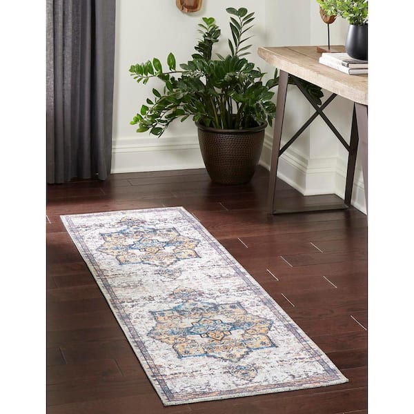 Renaissance Roma Sea Salt White 2 ft. x 8 ft. Machine Washable Area Rug