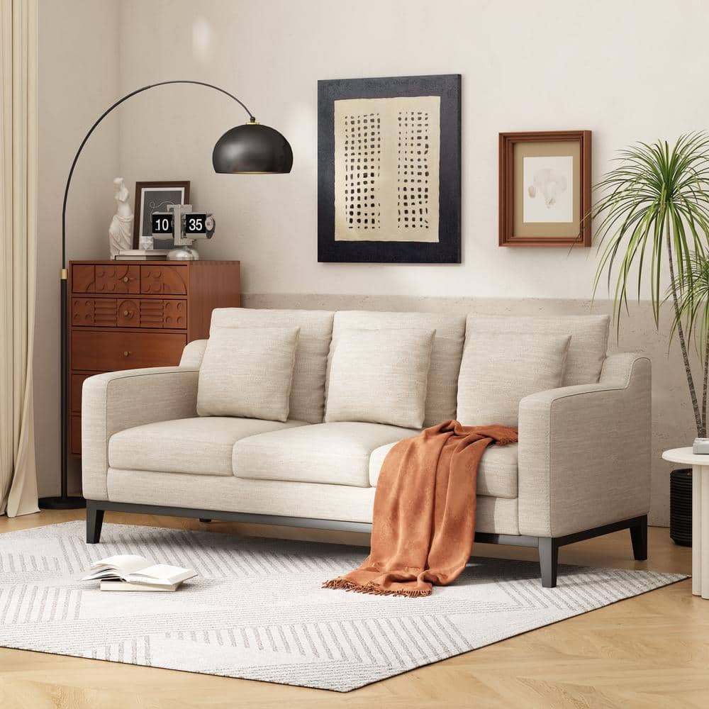 Noble House Ovando 80 in. Beige and Dark Walnut Polyester 3-Seats Sofa with Accent Pillows 105929