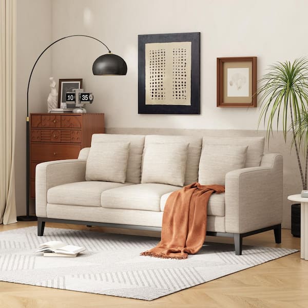 Noble House Ovando 80 in. Beige and Dark Walnut Polyester 3-Seats Sofa with Accent Pillows