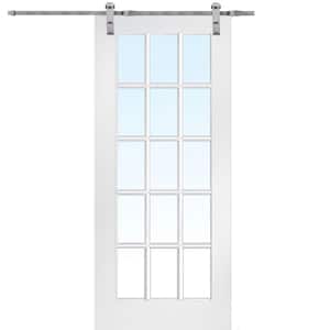 32 in. x 80 in. Primed Composite 15-Lite Clear Sliding Barn Door with Hardware Kit