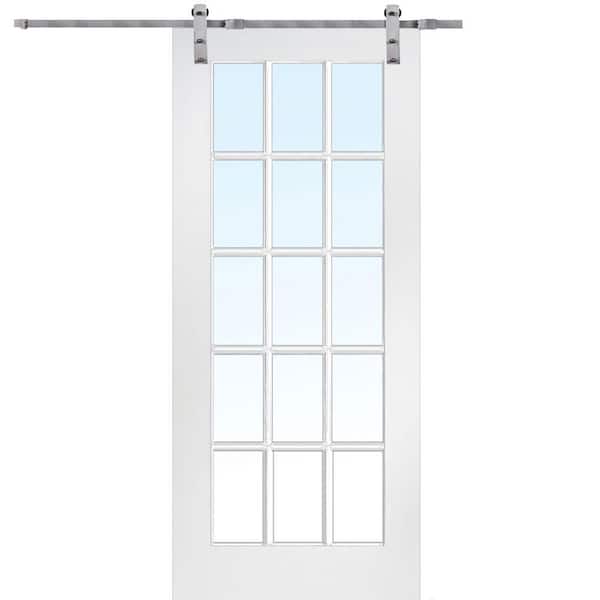MMI DOOR 32 in. x 80 in. Primed Composite 15-Lite Clear Sliding Barn Door with Hardware Kit