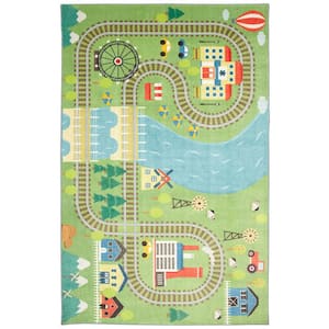 Train Track Play Green 5 ft. x 8 ft. Contemporary Area Rug