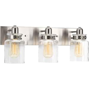 Calhoun Collection 21-5/8 in. 3-Light Brushed Nickel Clear Glass Farmhouse Urban Industrial Bathroom Vanity Light