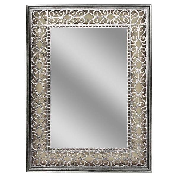Deco Mirror Cordoba 26 in. x 36 in. Iron Scroll Single Wall Mirror in Gray, Beige and Taupe