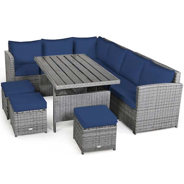Costway 7-Piece Wicker Patio Outdoor Dining Set Sectional Sofa with Blue Cushions