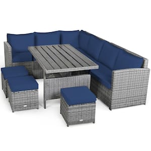 7-Piece Wicker Patio Outdoor Dining Set Sectional Sofa with Blue Cushions