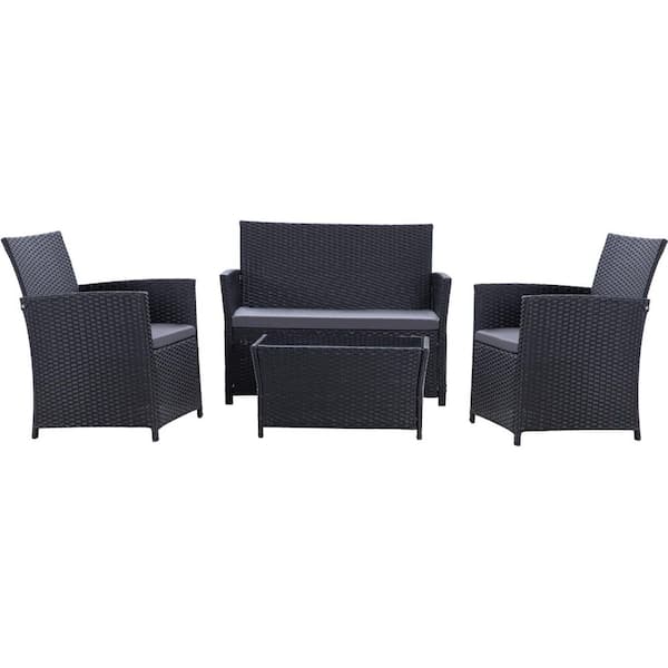 JUSKYS (4-Piece) Black Wicker Outdoor Patio Conversation Set with Charcoal-Gray Cushions and Loveseat