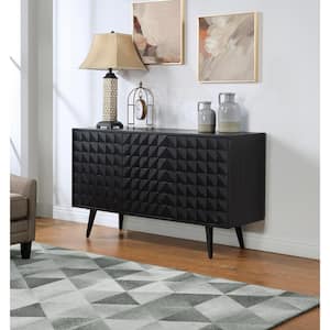 Meeko Black Rub-Through Wood Top 58.5 in. Credenza with 3-Doors Fits TV's up to 50 in.