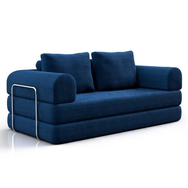 Granger 81 in. Blue Solid Corduroy Chenille Full Size High Density Foam Modular Sofa Bed