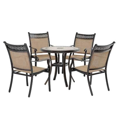 5-Piece Cast Aluminum Round Dining Sling Set with Tile-Top Table and Light Brown Classic Pattern Sling Chairs