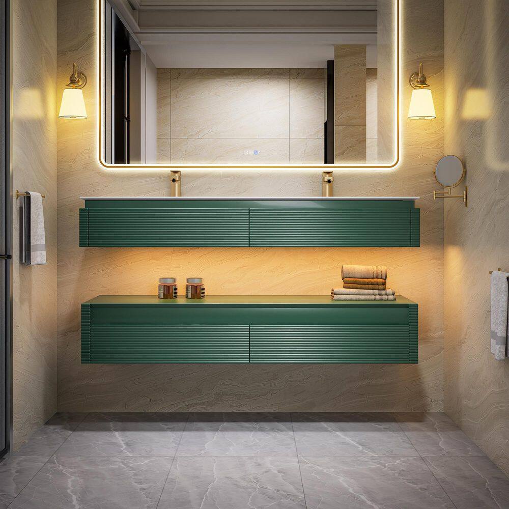 MarbleLux 60 in. W x 20.8 in. D x 21.2 in. H Wall Mounted 2-Tier Bath Vanity with 2-Sinks in Green w/ White Marble Top price history on PriceWatchPro