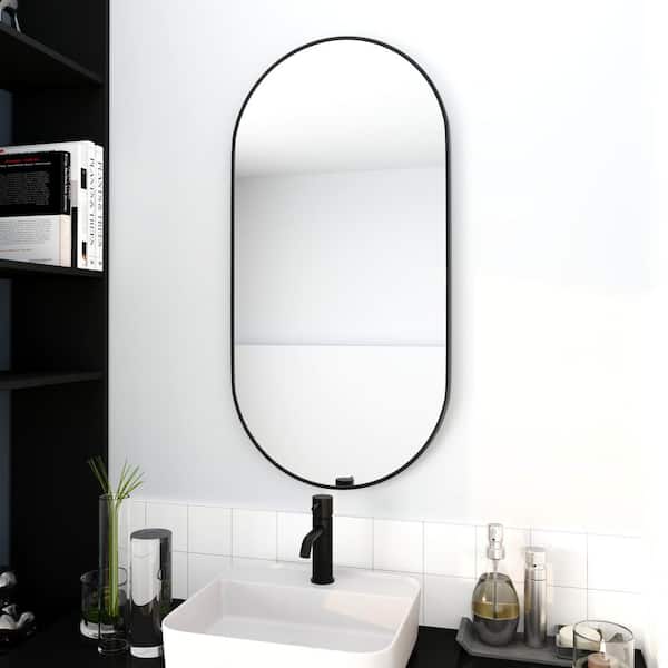 FAMYYT 18 in. W x 35 in. H Oval Aluminum Framed Wall Bathroom Vanity Mirror in Black