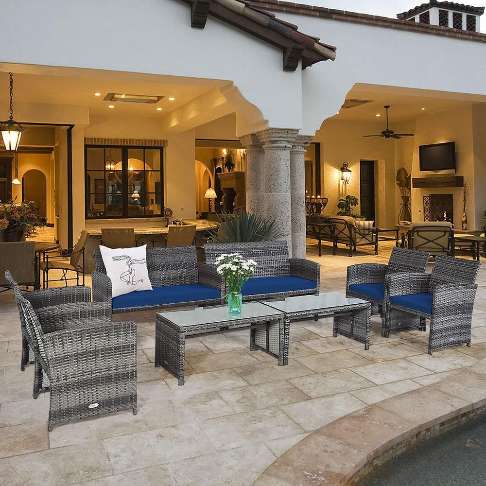Navy and Gray Steel 8-Piece Patio Conversation Set with Cushions