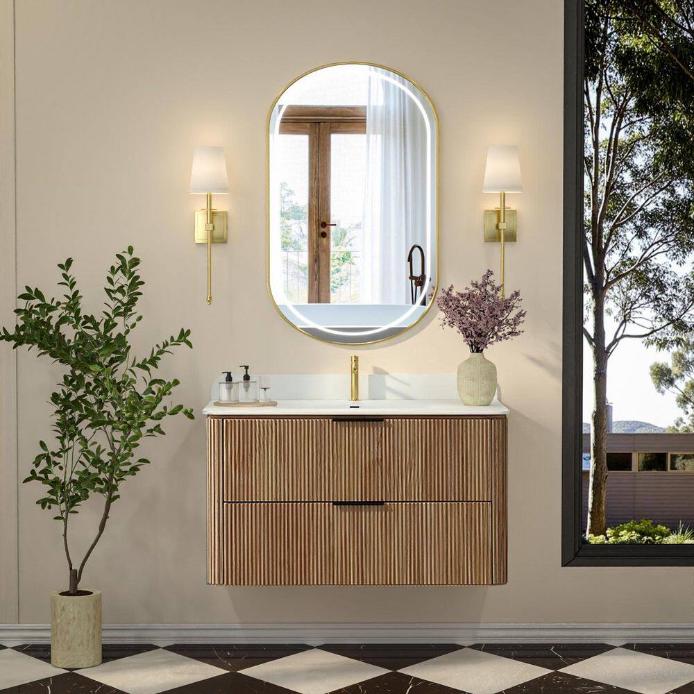 Xspracer Moray 36 in. Floating Natural Wood Bath Vanity with White ...