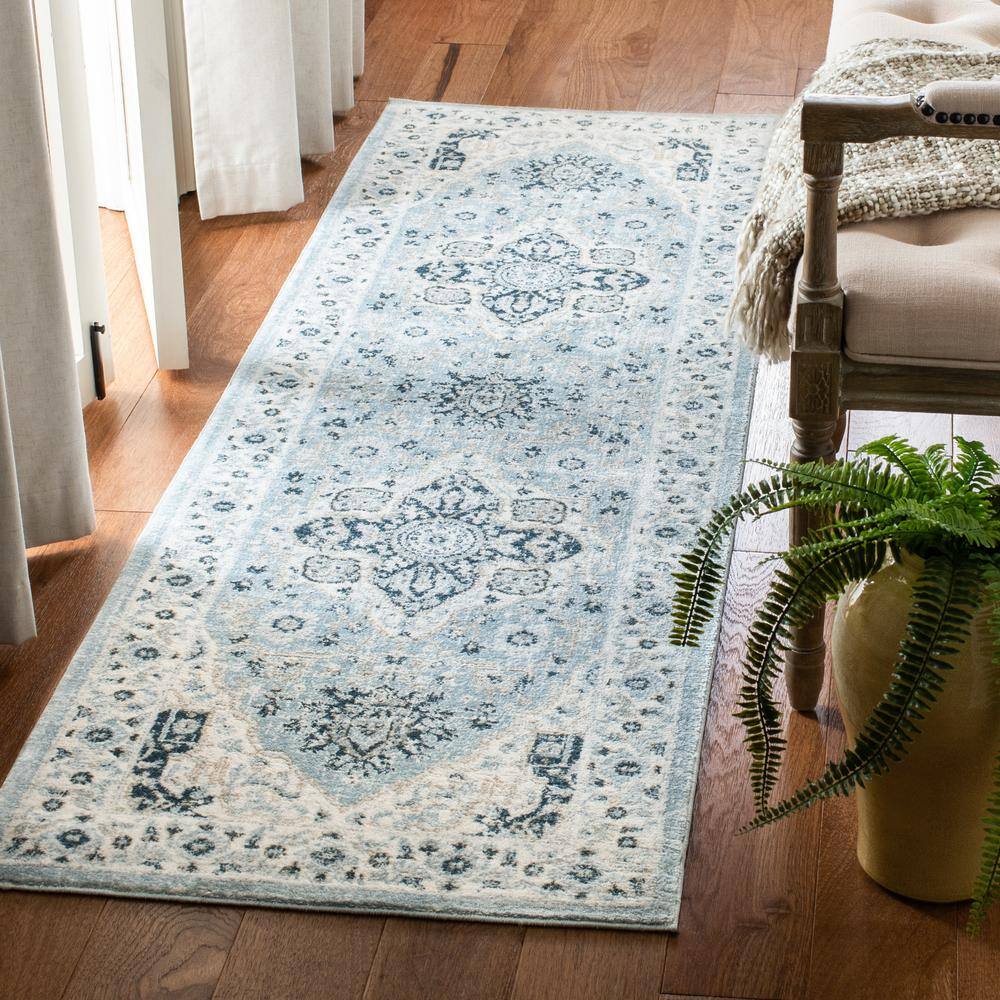 Light Blue and Cream Synthetic Runner Rug, 2'2" x 7'