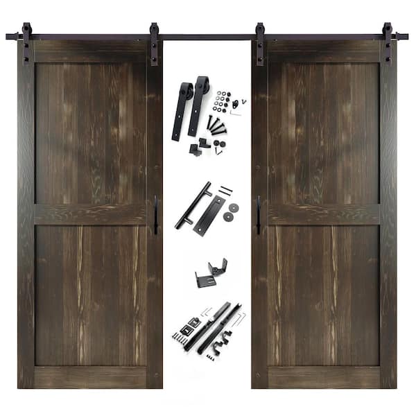 HOMACER 42 in. x 84 in. H-Frame Ebony Double Pine Wood Interior Sliding Barn Door with Hardware Kit, Non-Bypass