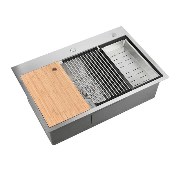 33 in. Undermount Single Bowl Nano Gray Stainless Steel Kitchen Sink with Accessories and Integrated Ledge