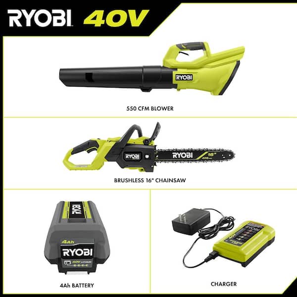 40V 120 MPH 550 CFM Cordless Battery Leaf Blower and 40V HP 16 in. Battery Chainsaw w/ 4.0 Ah Battery and Charger