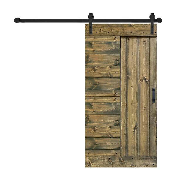 ISLIFE L Series 42 in. x 84 in. Aged Barrel Finished Solid Wood Sliding Barn Door with Hardware Kit - Assembly Needed