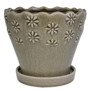 9 in. Taupe Embossed Floral Ceramic Planter