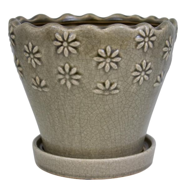 Trendspot 9 in. Taupe Embossed Floral Ceramic Planter